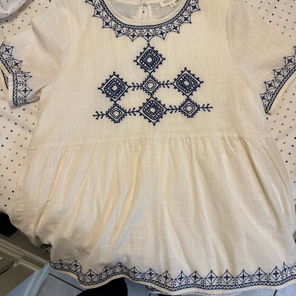Roolee Ivory Blouse with Navy Embroidery